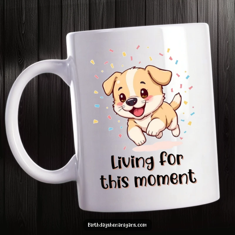 Funny puppy mug, excitedly chasing a cascade of colorful confetti, pure joy and energy, celebration theme.