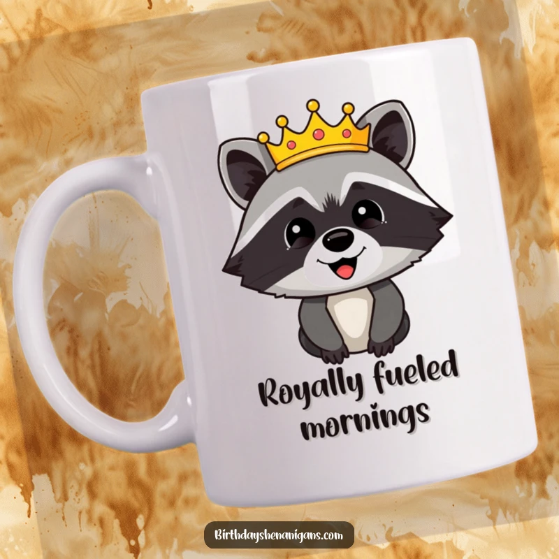 Funny mug with a happy raccoon character proudly wearing a shiny, festive crown, exuding regal and humorous charm.
