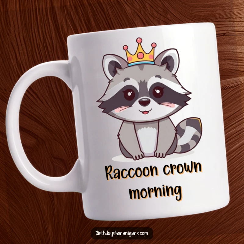 Funny raccoon mug featuring a happy character proudly wearing a festive crown, exuding playful royalty.