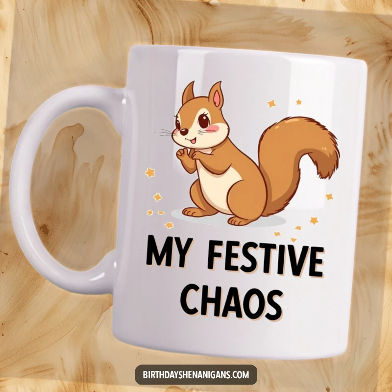 Funny coffee mug showing a mischievous squirrel gleefully tearing apart gift wrapping paper during the holidays.