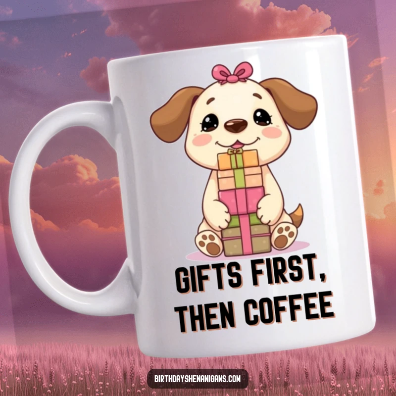 Funny Kawaii dog with a stack of colorful presents precariously balanced on its nose, looking utterly pleased with its balancing feat.