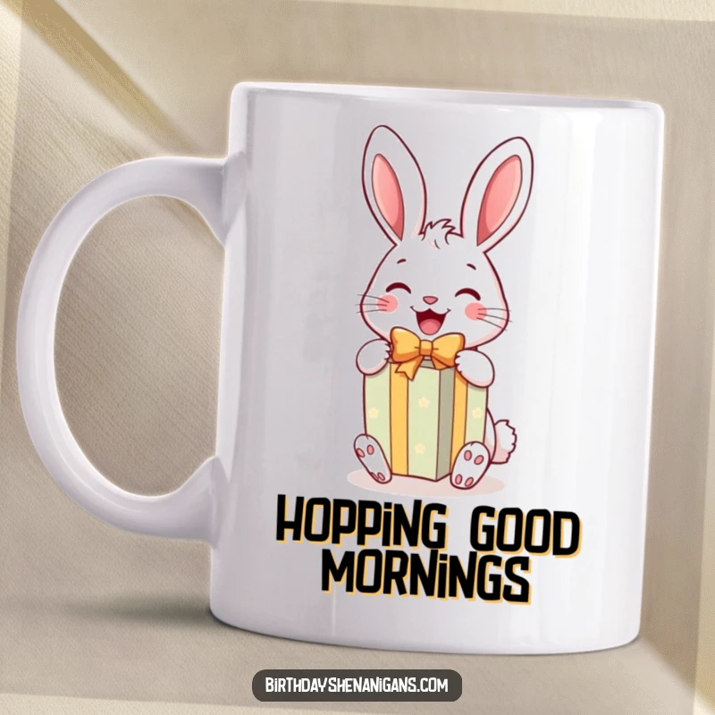 Funny Rabbit Gift Mug: A cheerful rabbit joyfully unwraps a brightly colored gift, showing pure delight.