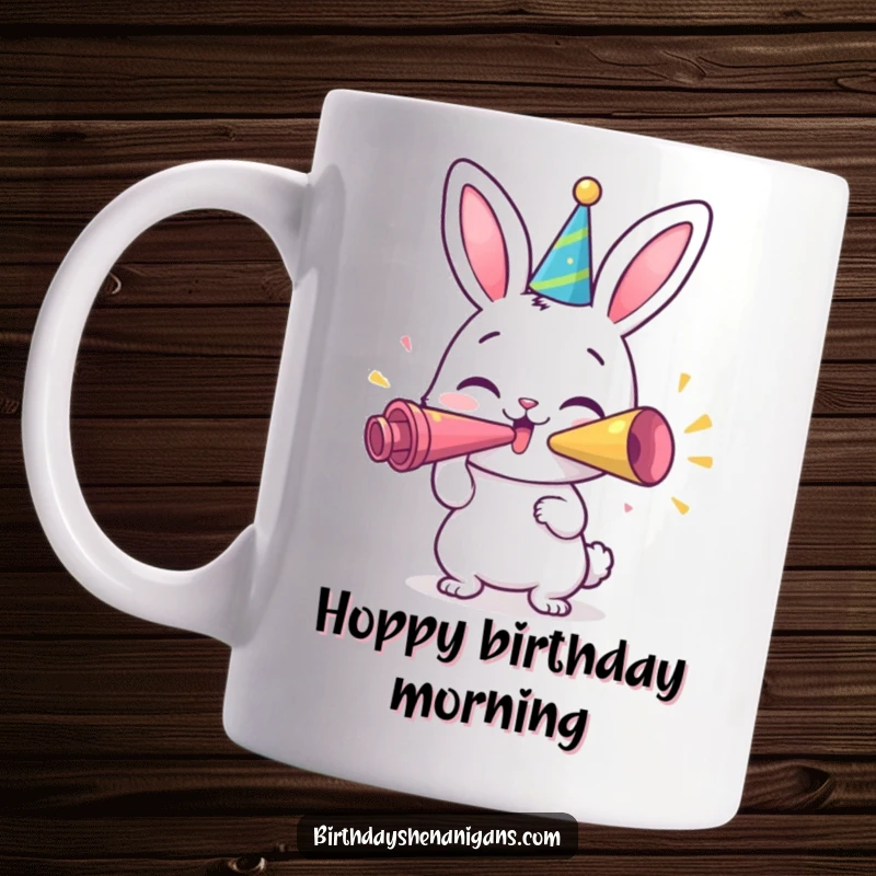 Funny Bunny Mug: A happy bunny character joyfully blowing a giant party horn, celebrating with gusto.