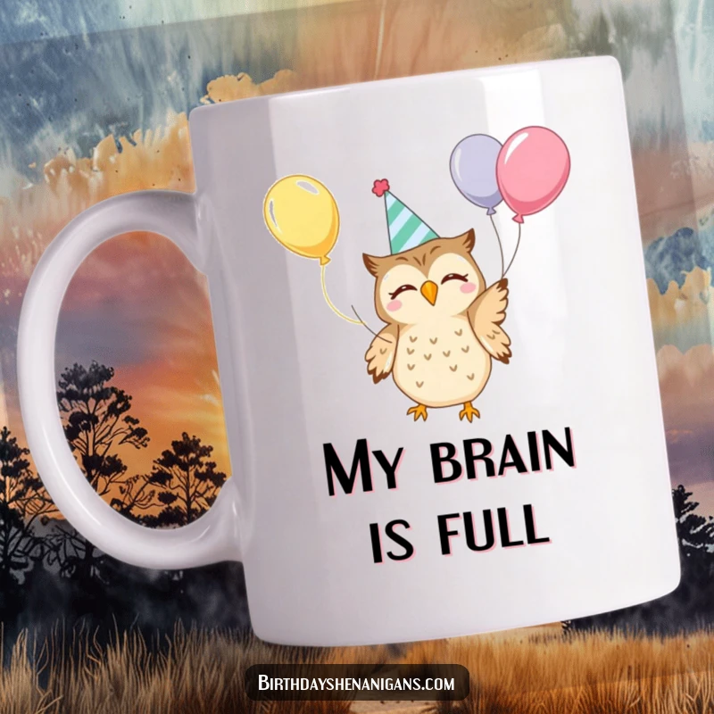 Funny Kawaii Owl Mug: A happy owl in a party hat gleefully juggles vibrant balloons, spreading cheer with every sip.