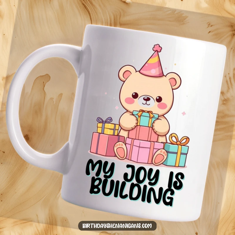 Funny kawaii bear wearing a party hat, enthusiastically stacking colorful birthday presents on a mug, conveying pure joy and celebration.
