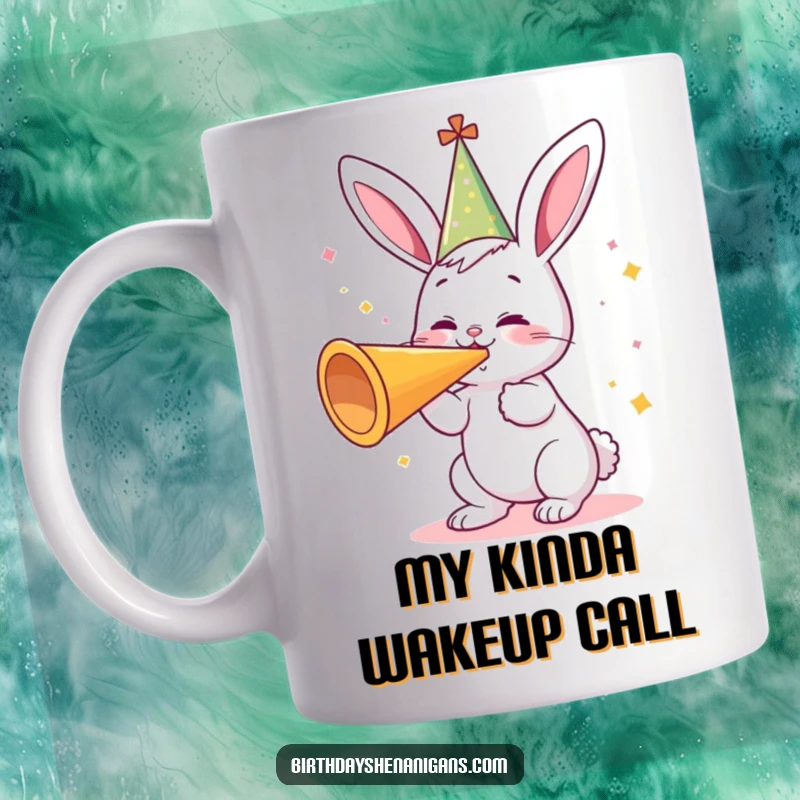 Funny mug featuring a cute bunny in a party hat, joyfully blowing a huge party horn, spreading cheer and laughter.