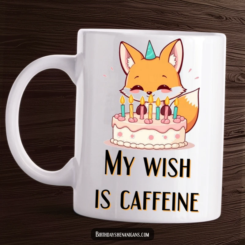 Funny kawaii fox grinning while blowing out candles on a birthday cake, radiating festive joy.