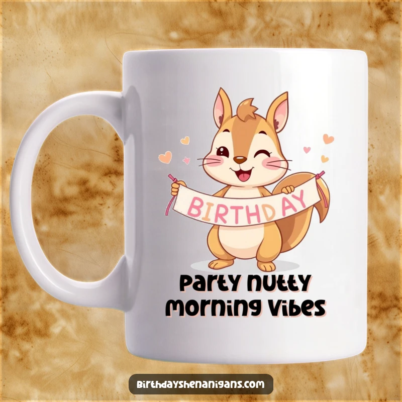 Funny squirrel mug with a playful character holding a 'Happy Birthday' banner, ready to party and spread cheer.