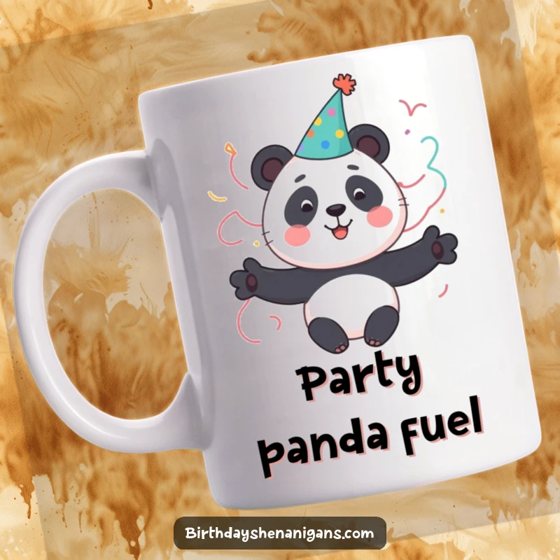 Funny Panda Mug: A cute panda character wearing a party hat and streamers, ready to celebrate with joy.
