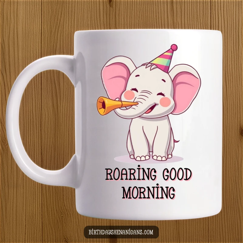 Funny mug with a joyful elephant character enthusiastically blowing a party horn, expressing loud happiness and festive spirit.