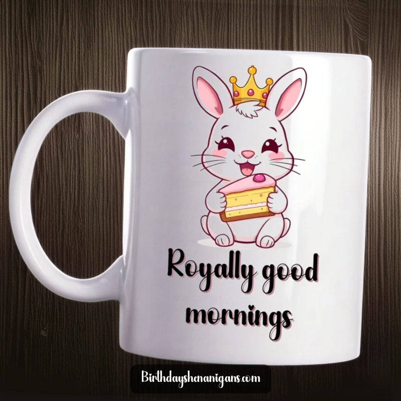 Funny rabbit mug, happy, wearing a crown, holding a slice of cake, royal celebration, adorable and humorous.