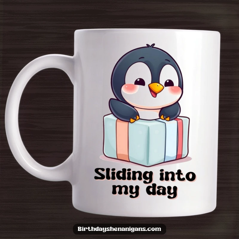 Funny penguin mug, cheerful, sliding down a wrapped gift, playful winter fun, celebration theme, humorous.