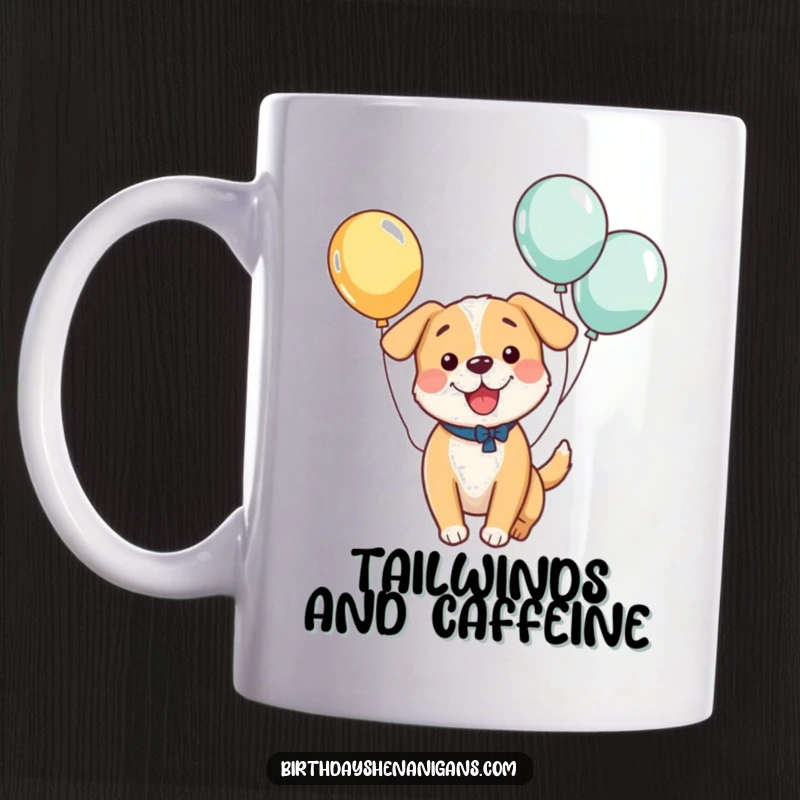 Funny mug featuring a kawaii dog with balloons tied to its tail, joyfully bouncing with excitement, a perfect gift for dog lovers.