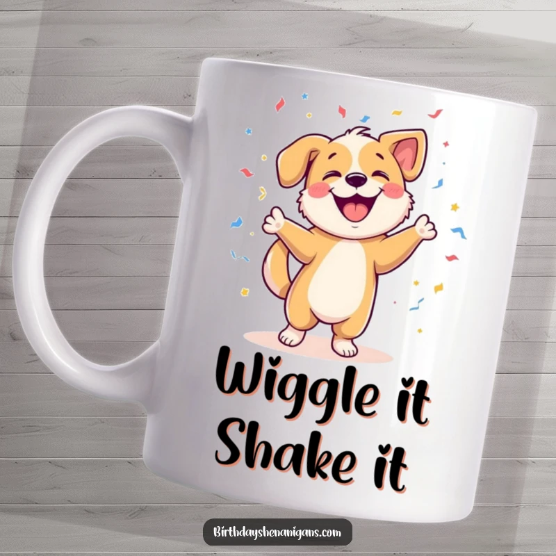 Funny mug featuring a joyful dog character enthusiastically dancing amidst a shower of colorful confetti, spreading pure happiness.
