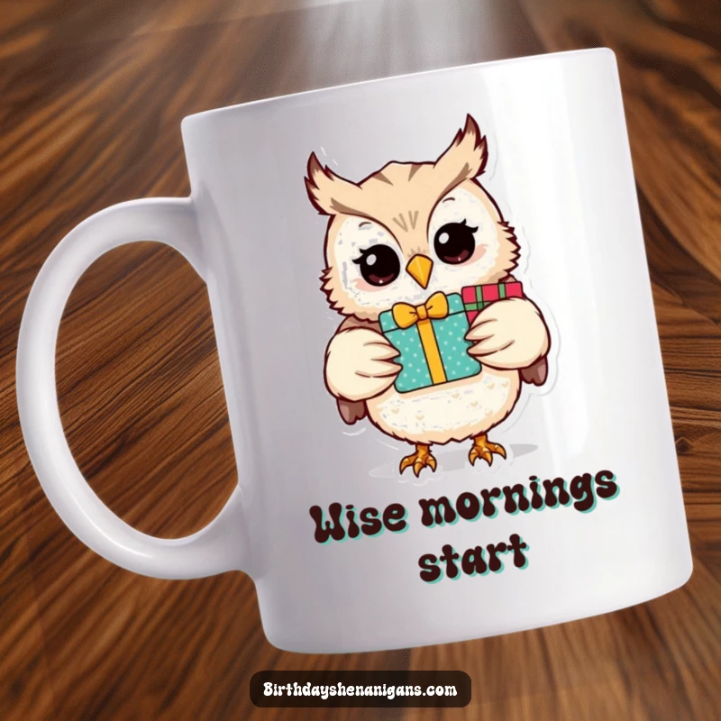 Funny owl character perched happily, holding a tall stack of colorful presents, radiating joy and generosity.