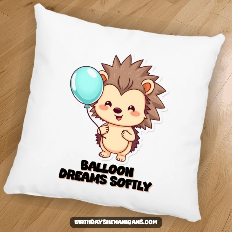 Funny hedgehog pillow featuring a smiling character holding a colorful balloon, bringing a touch of sweetness to decor.