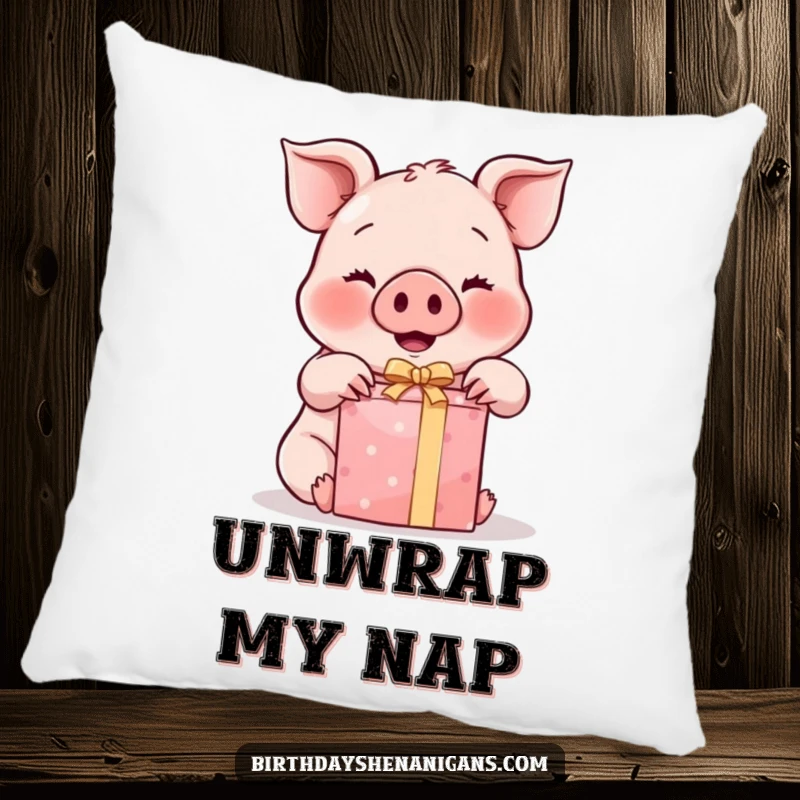 Funny Kawaii Pig Pillow: A soft pillow featuring a cute pig with rosy cheeks unwrapping a gift, offering comfort and smiles.