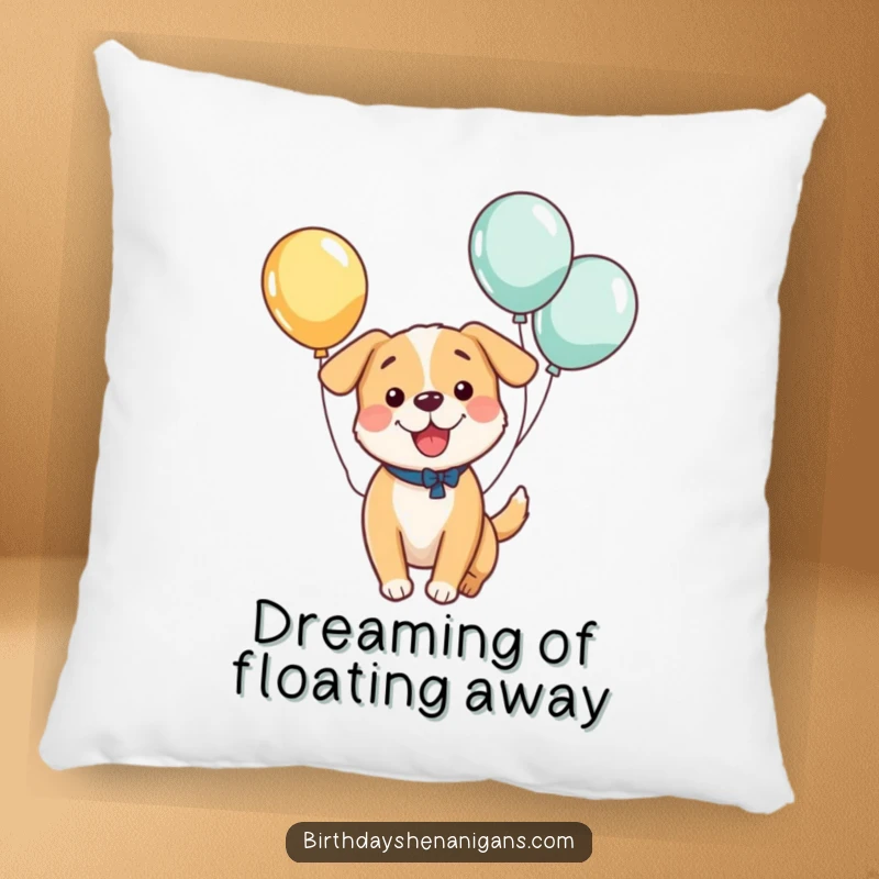 Funny pillow featuring a kawaii dog with balloons tied to its tail, happily bouncing, perfect for adding comfort and humor to any space.