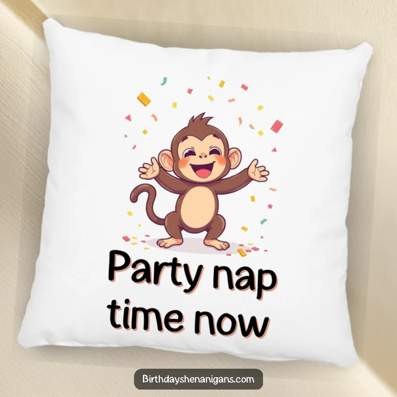 Funny pillow featuring a kawaii monkey throwing confetti with glee, perfect for adding comfort and a touch of party humor.
