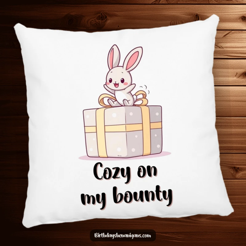 Funny pillow featuring a kawaii bunny happily bouncing on a giant present, perfect for adding comfort and a touch of festive humor.