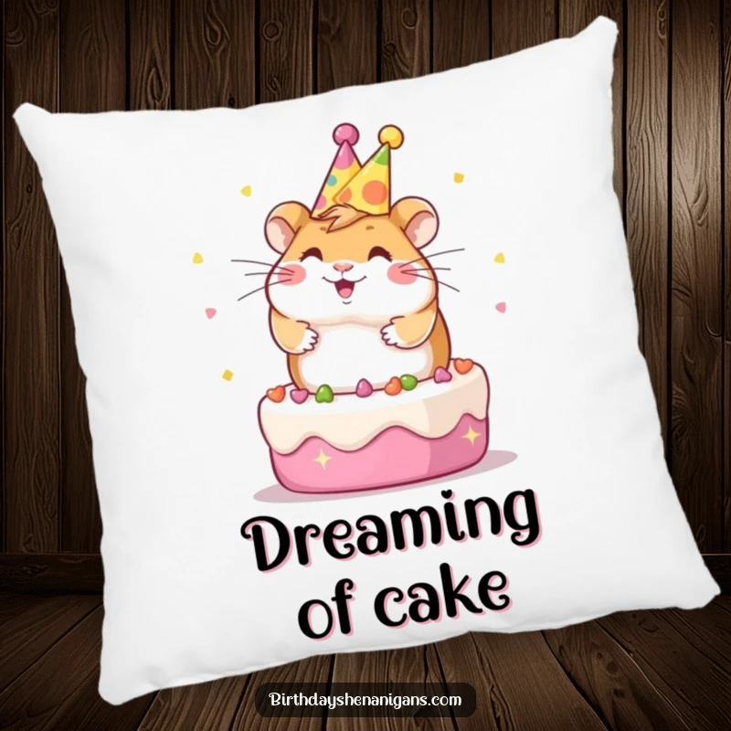 Funny Kawaii hamster in a party hat, spinning on a cake, soft and huggable pillow design.