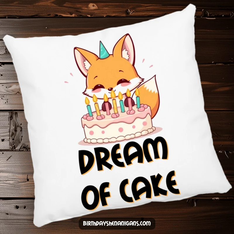 Funny kawaii fox character grinning and blowing out birthday cake candles on a soft pillow.