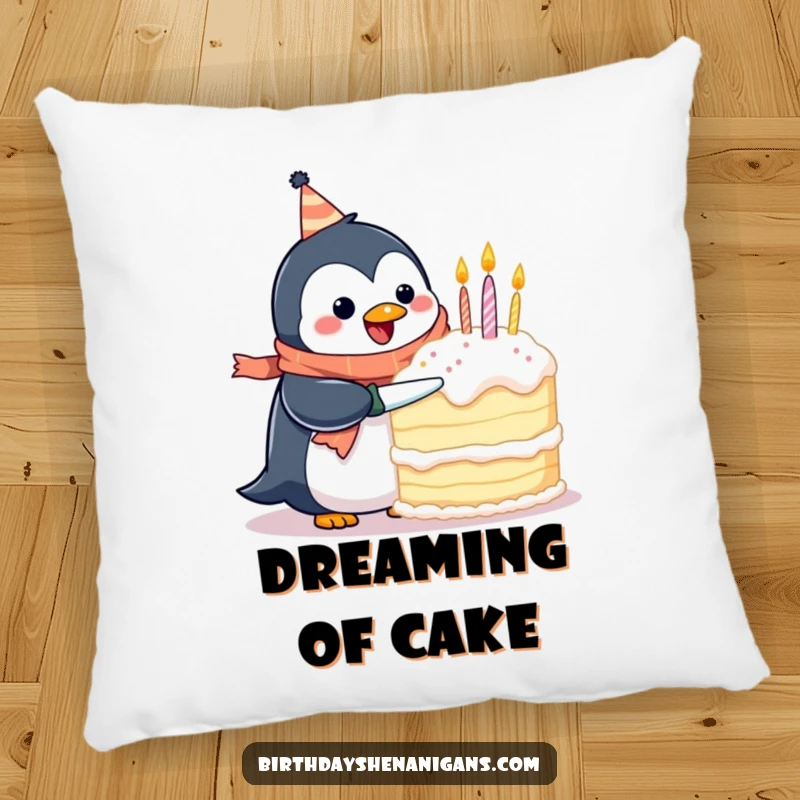 Funny pillow featuring a happy penguin wearing a birthday scarf, attempting to cut a giant cake, adding comfort and whimsy.