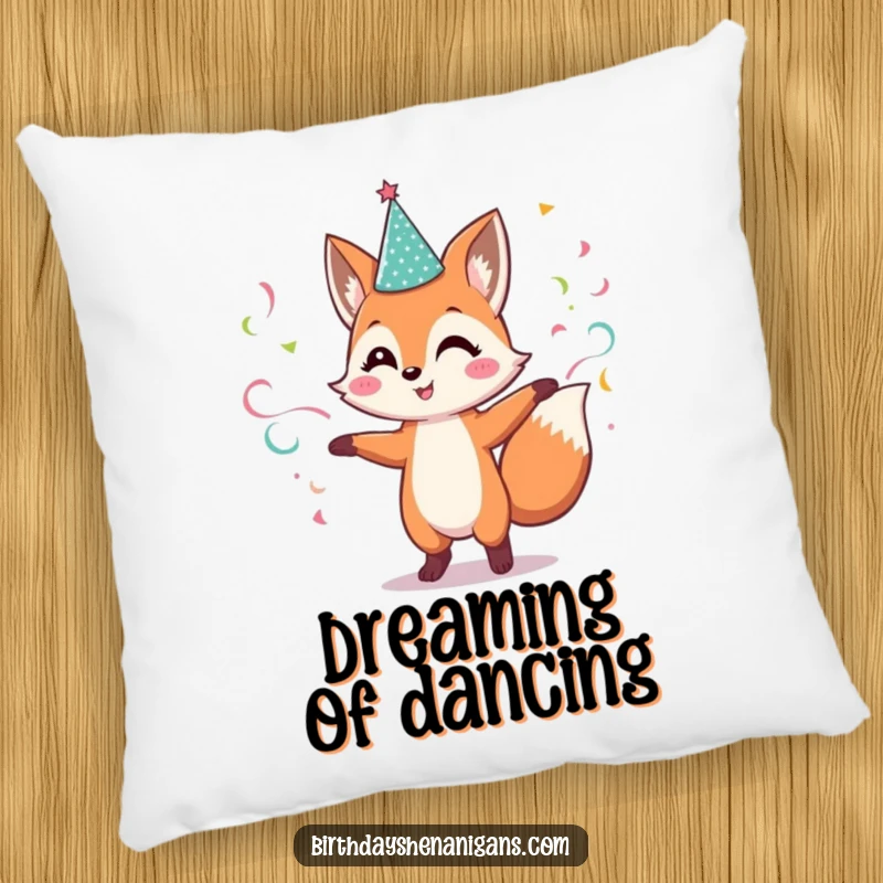 Funny Fox Pillow: Cheerful character dances with streamers, a soft and humorous decorative accent.