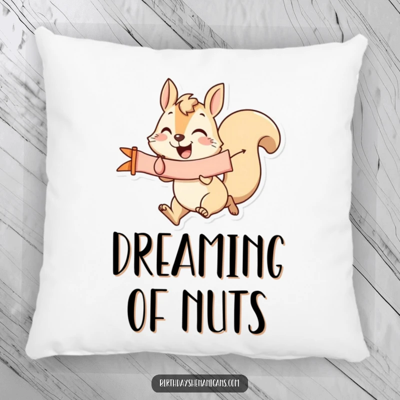 Funny Squirrel Pillow: A happy squirrel with a banner offers cozy comfort and playful cheer, ideal as a funny gift.