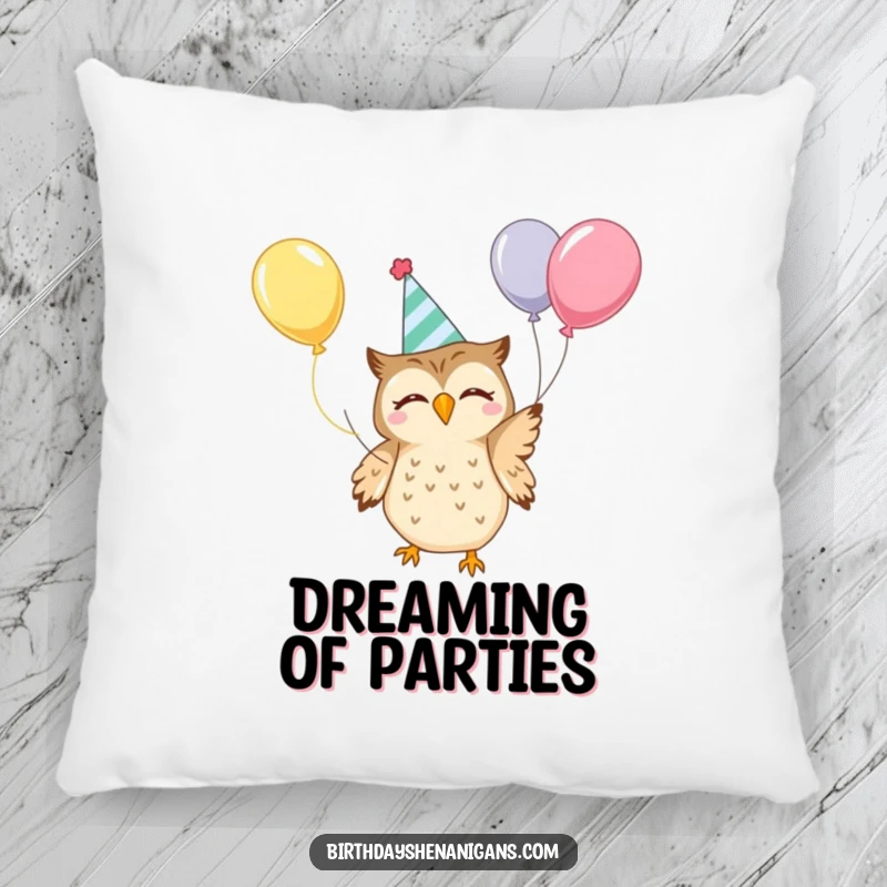 Funny Kawaii Owl Pillow: A soft cushion featuring a happy owl in a party hat juggling balloons, offering comfort and cheer.