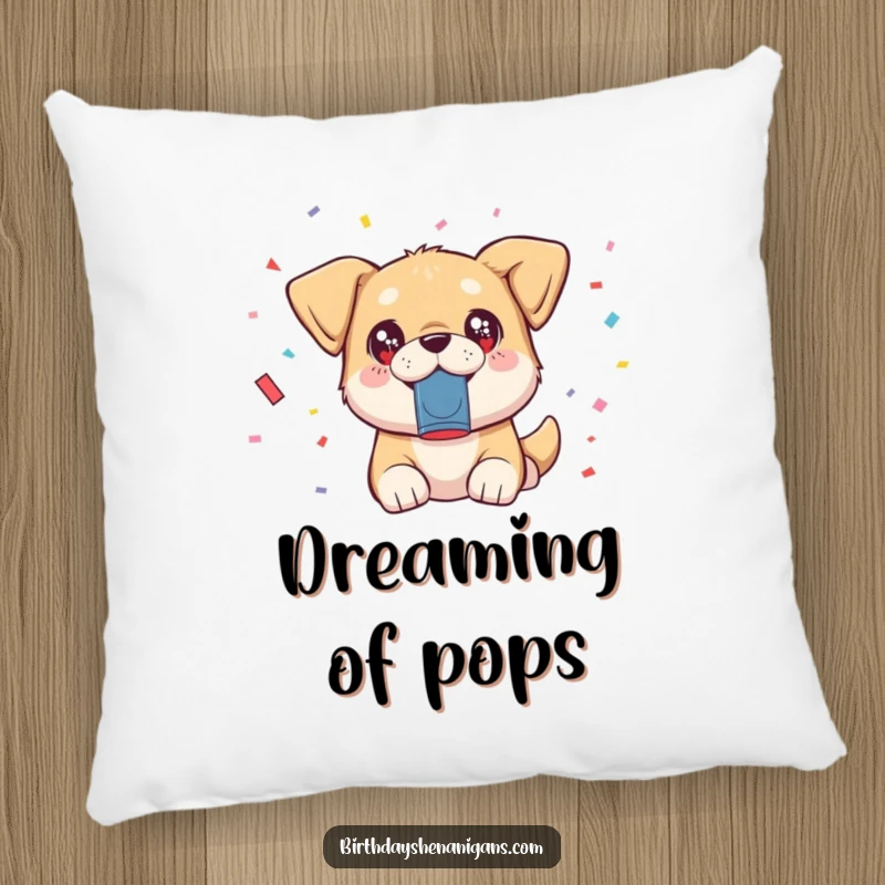 Funny kawaii dog with sparkling eyes launching confetti from a popper on a plush pillow.