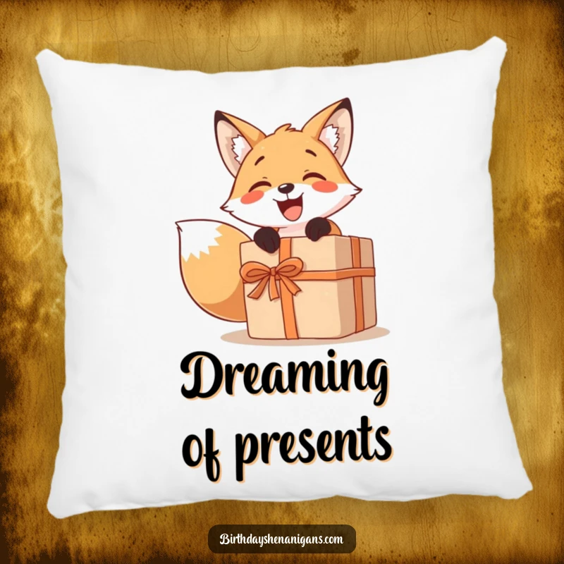 Funny pillow showing a smiling fox character excitedly unwrapping a comically large present, adding a touch of fun to decor.