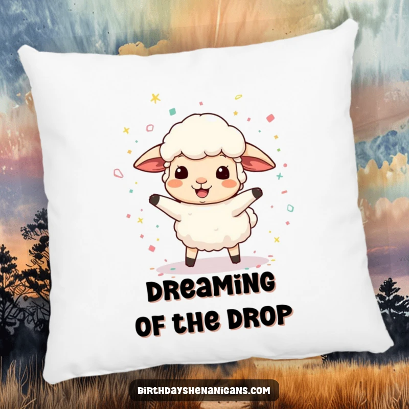 Funny pillow featuring a fluffy sheep character joyfully playing with a cascade of confetti, embodying comfort and cheer.