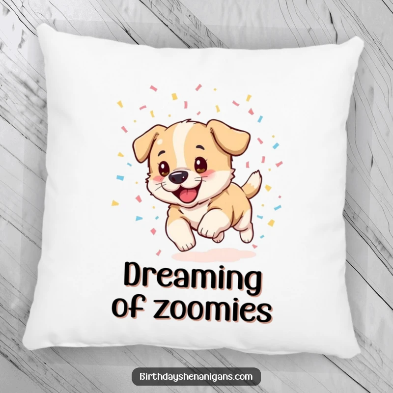 Funny puppy pillow, comfy, excited, chasing confetti, playful accent, celebration theme, soft and humorous.