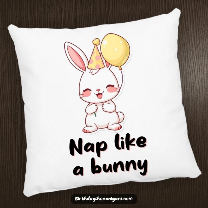 Funny birthday pillow showcasing a cheerful bunny character in a birthday hat, holding a balloon, perfect for cozying up.