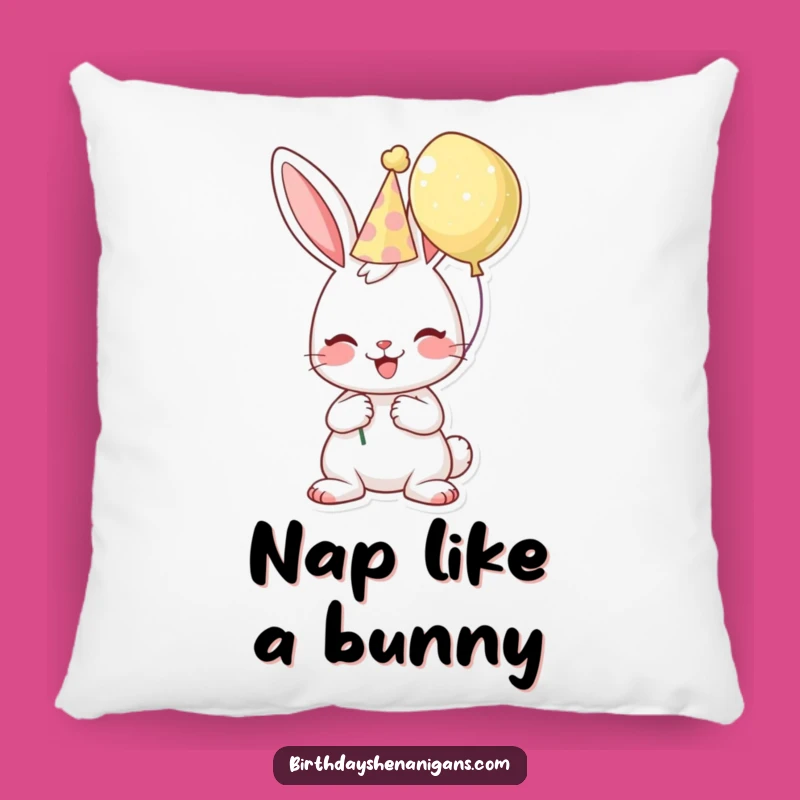 Funny Birthday Bunny Pillow: Cheerful Character, Hat & Balloon, Comfy Gift