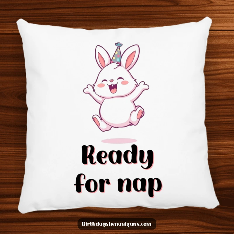 Funny pillow showcasing a fluffy bunny wearing a party hat, joyfully leaping, adding comfort and cheer to any room.