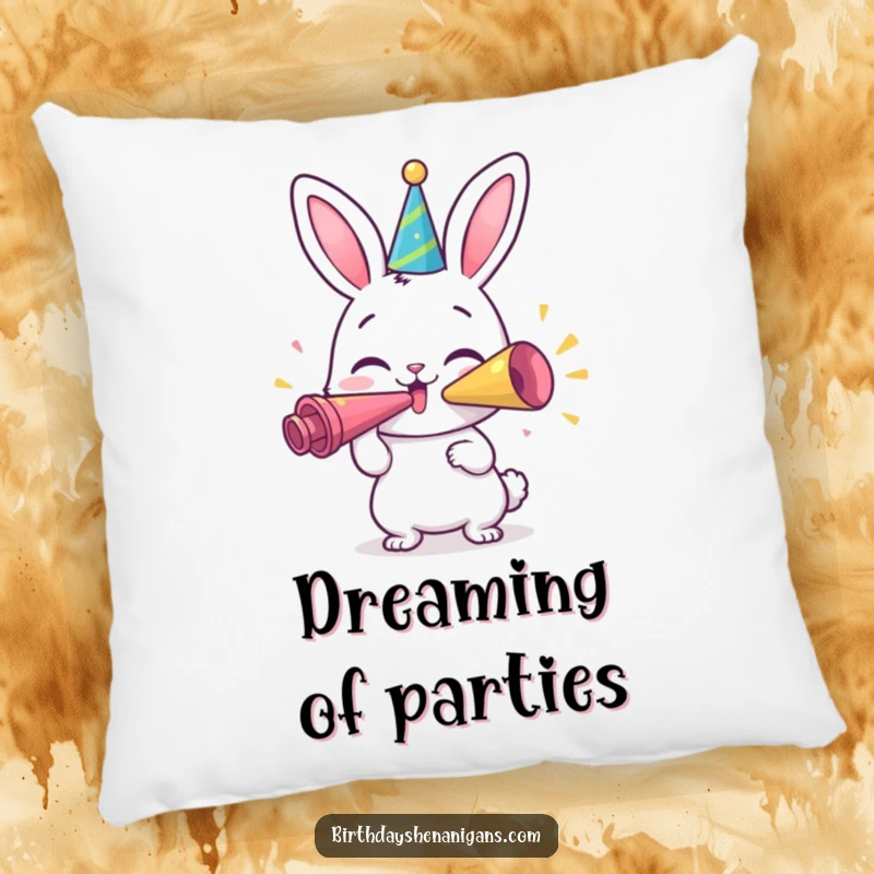 Funny Bunny Pillow: A plush pillow featuring a happy bunny character blowing a giant party horn, perfect for comfort and celebration.