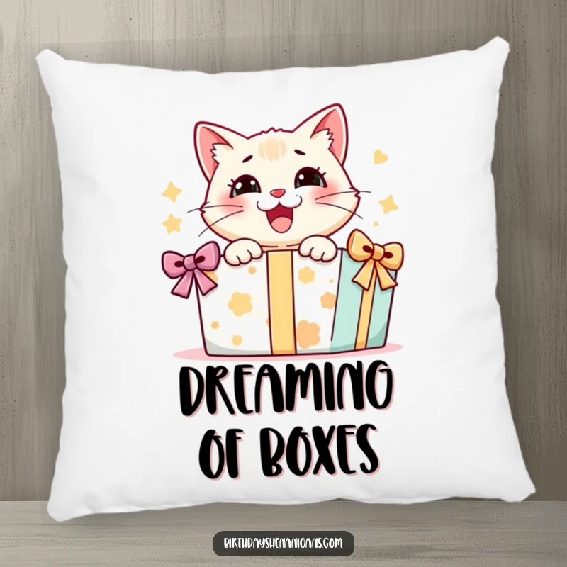 Funny pillow featuring a cat character demonstrating immense delight while opening a large, colorful present. Soft, cuddly, and full of cheer.
