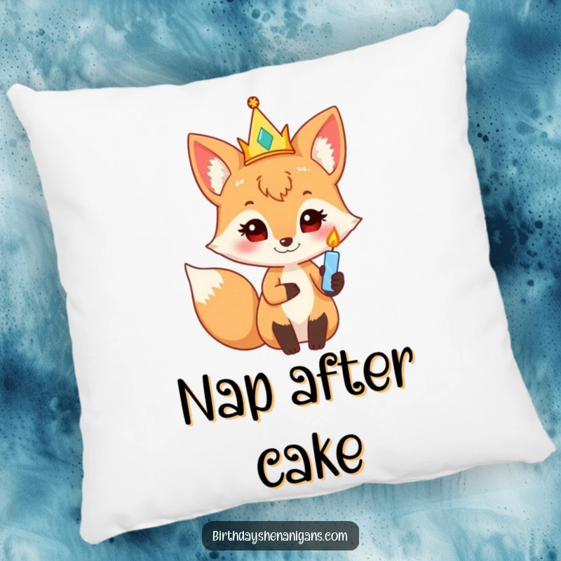 Funny curious fox in a party crown, holding a twinkling candle, a soft and humorous birthday pillow.