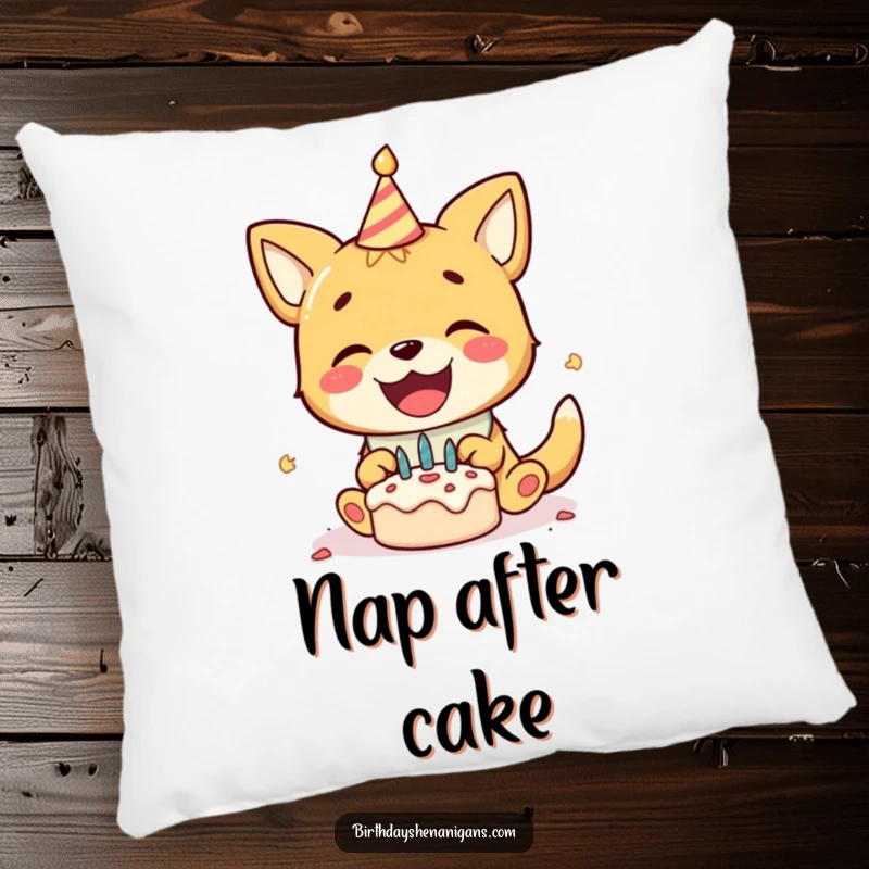 Funny decorative pillow featuring a delighted dog in a birthday bib, gleefully smashing a tiny cake, bringing cozy fun.