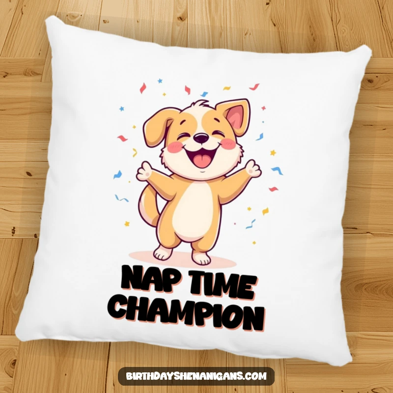 Funny pillow adorned with a happy dog character in a festive dance, surrounded by a whimsical spray of confetti. Soft comfort meets cheerful art.
