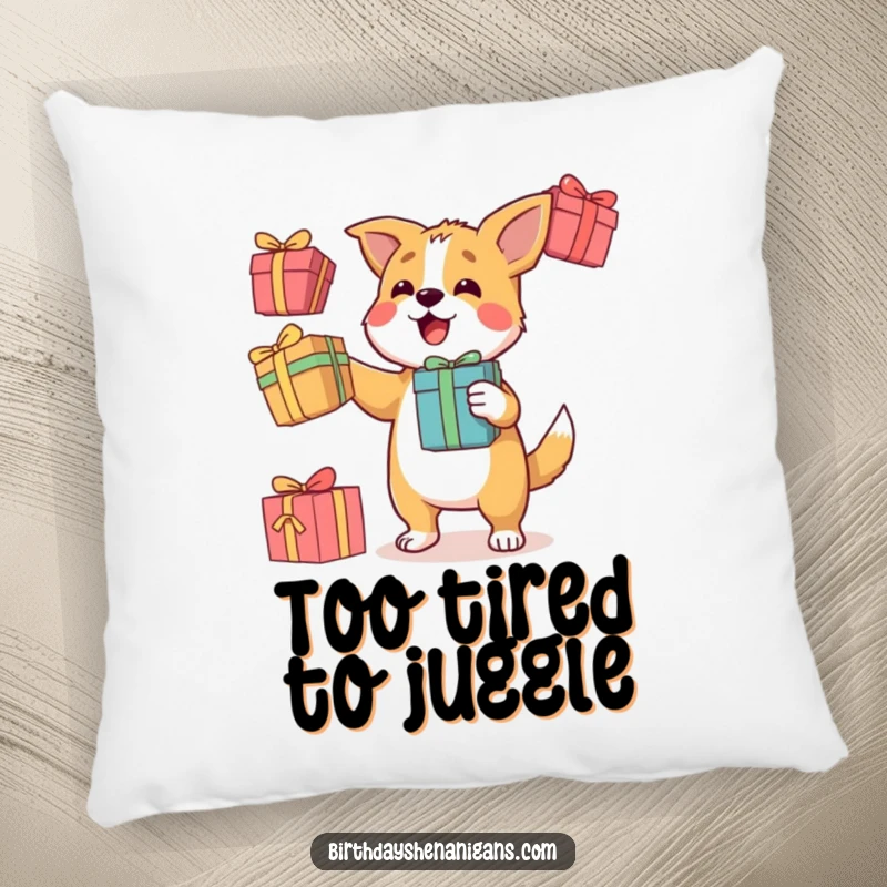 Funny pillow showing a determined dog character juggling three colorful gift boxes, adding a touch of dynamic fun to decor.