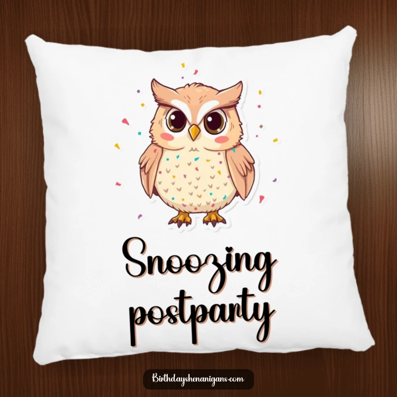 Funny Owl Pillow: A mischievous owl covered in confetti offers cozy comfort and festive cheer, ideal as a funny gift.