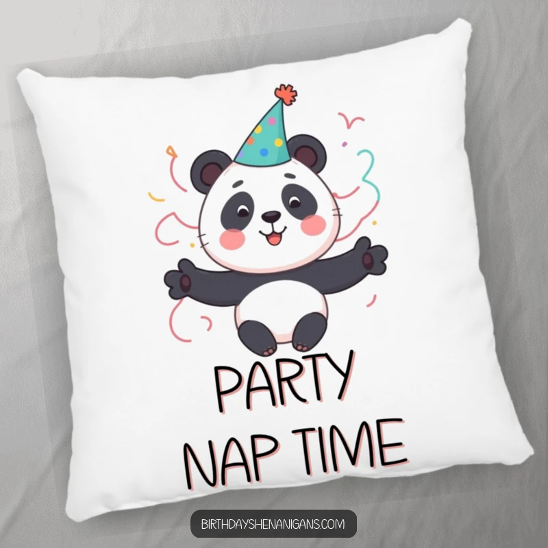 Funny Panda Pillow: A plush pillow featuring a cute panda character in a party hat with streamers, perfect for comfort and celebration.
