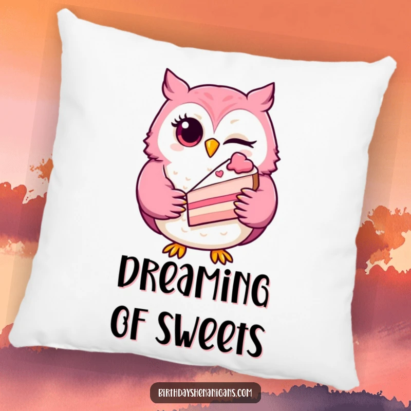 Funny winking owl pillow with a playful character holding a slice of cake, offering comfort and a humorous visual.