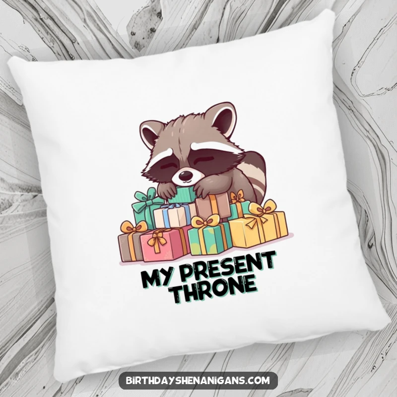 Funny Raccoon Pillow: A sleepy raccoon on presents offers ultimate comfort and cozy vibes, ideal as a funny gift.