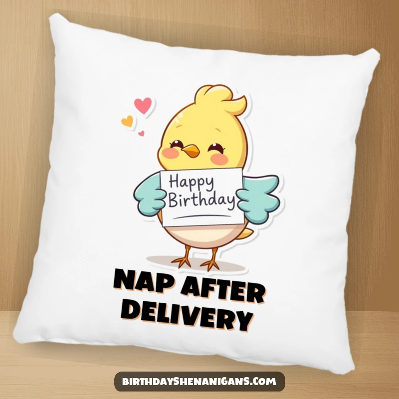 Funny whimsical bird character delivering a birthday card, soft and decorative pillow, perfect for adding festive cheer.