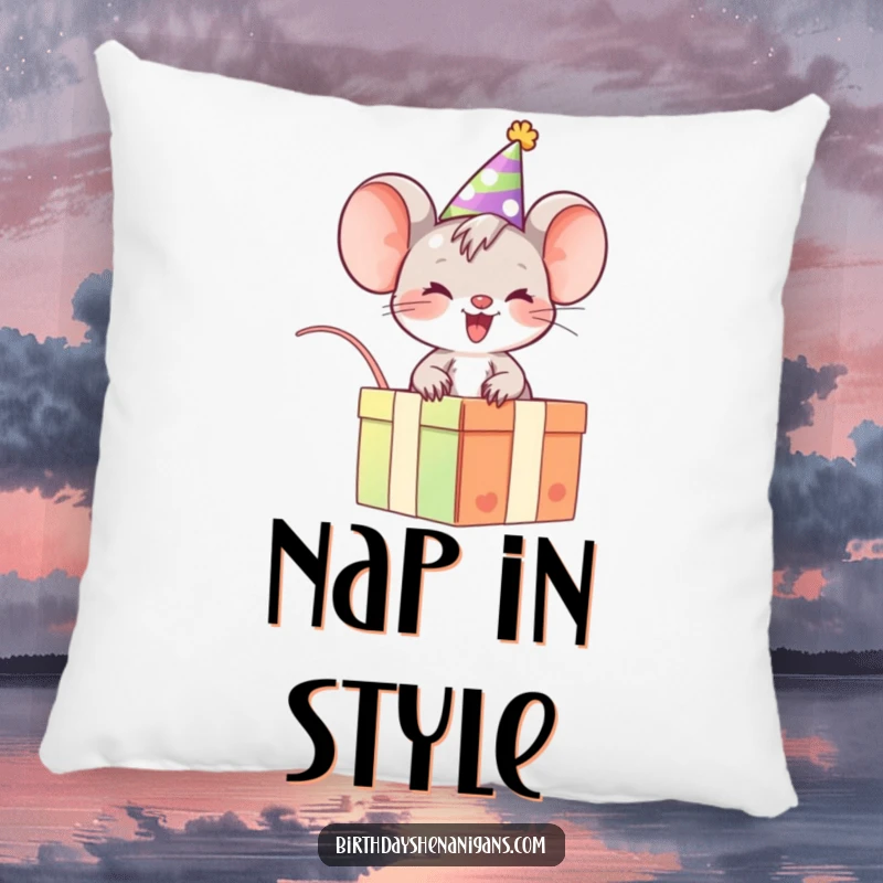 Funny Mouse Pillow: Giggling character riding a gift box, a soft and humorous decorative accent.