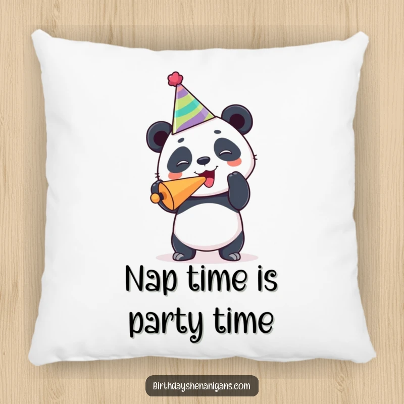 Funny panda pillow, comfy, joyous, wearing party hat, blowing noisemaker, accent decor, celebration, humorous.